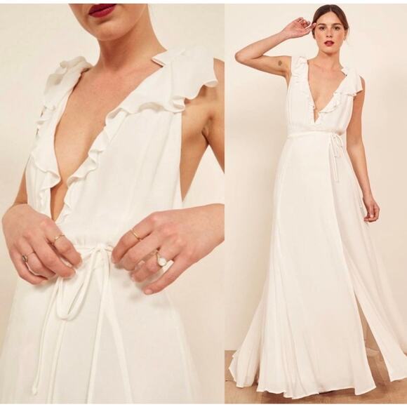 Reformation Peppermint Dress Ivory White Wedding Bridal Maxi Large V-Neck - Picture 1 of 12